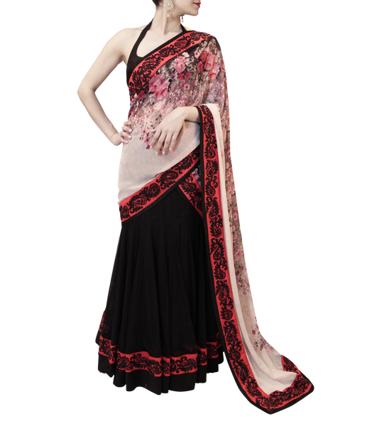 BLACK AND RED LEHENGA SAREE