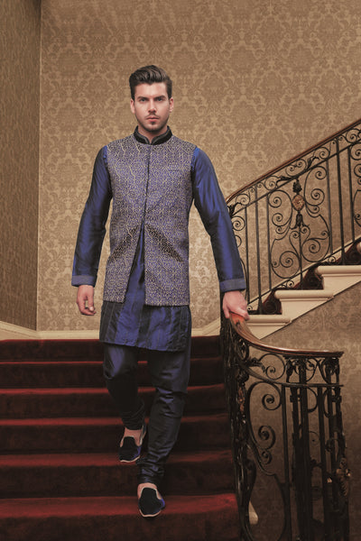NAVY BLUE KURTA PAJAMA WITH KOTI