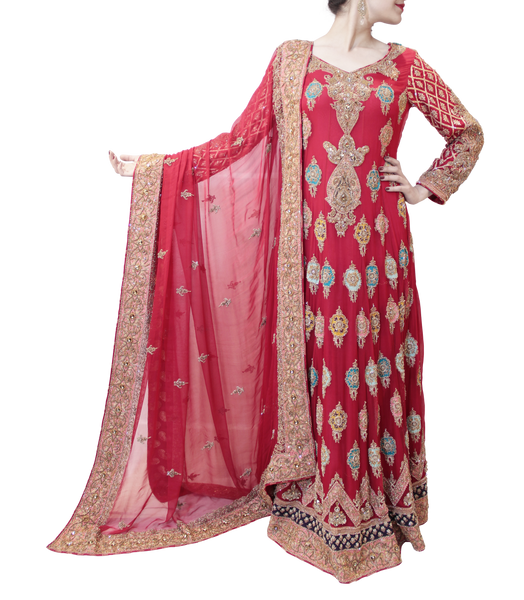 RED PAKISTANI BRIDAL GOWN WITH MULTICOLORED TRAIL