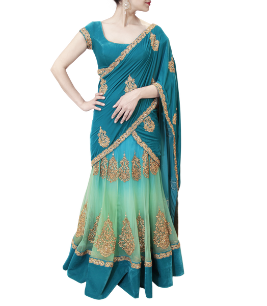 EMARALD AND TURQUOISE LEHENGA SAREE