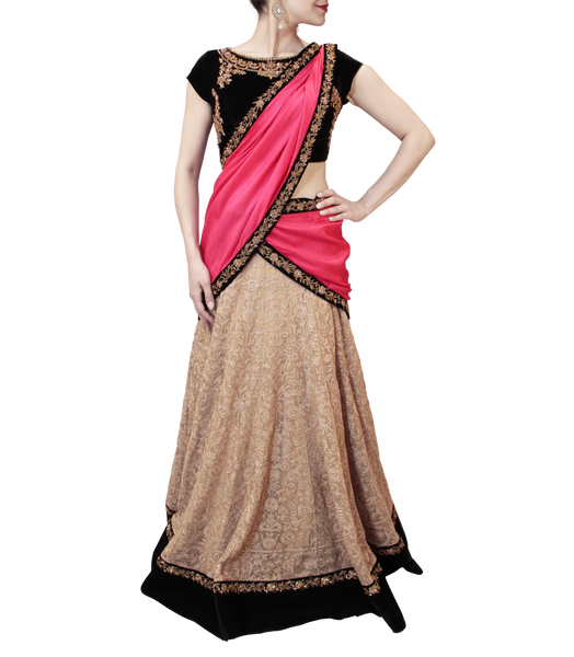 BEIGE AND BLACK LEHENGA SAREE