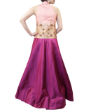 PLUM LEHENGA W/ SEQUENCE BLOUSE PAIRED WITH A BABY PINK BLAZER.