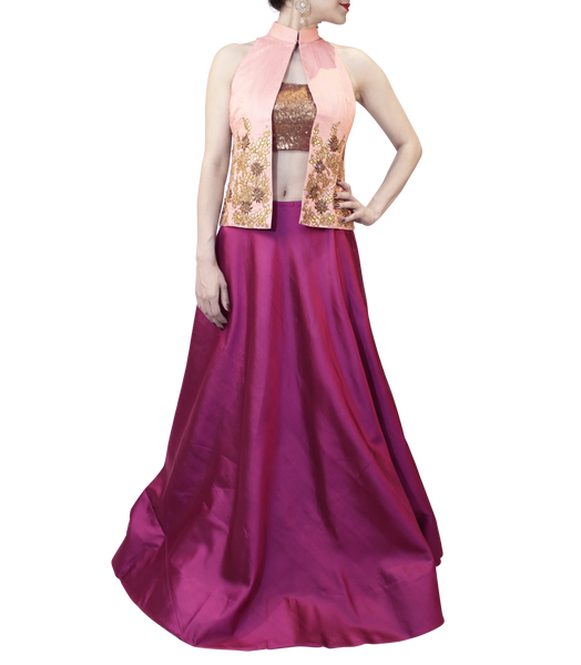PLUM LEHENGA W/ SEQUENCE BLOUSE PAIRED WITH A BABY PINK BLAZER.