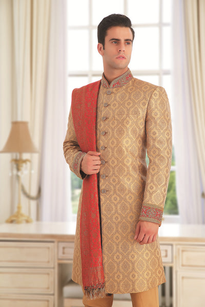 Men's Gold sherwani with Red dupatta