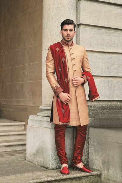 Men's beige and maroon sherwani