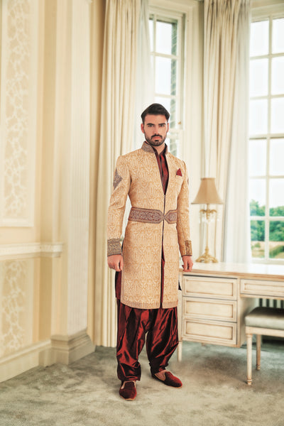 Men's 3 piece Cream and maroon Sherwani