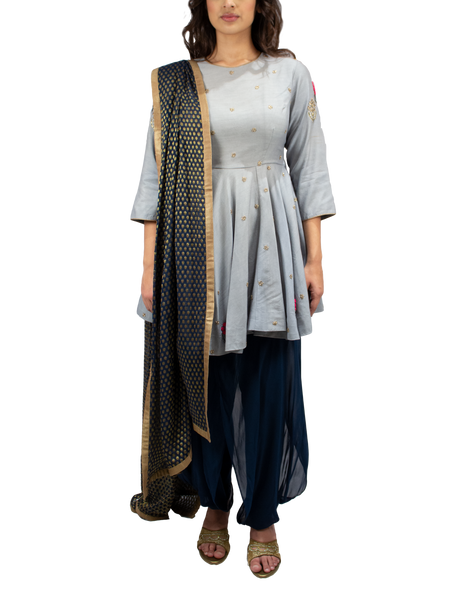 Peplum style with dhoti in grey and blue