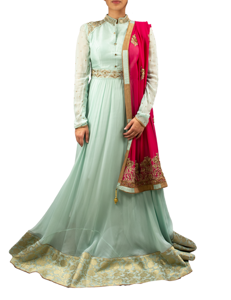 Icy blue Anarkali with hot pink dupatta