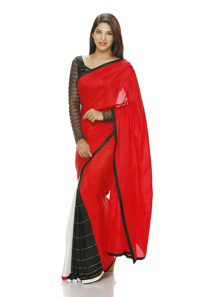 RED, BLACK AND WHITE SAREE WITH EMBROIDERY ON THE PLEATS