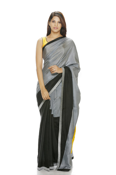 GREY AND BLACK SAREE WITH A GEOMETRIC PATCH ON PALLU