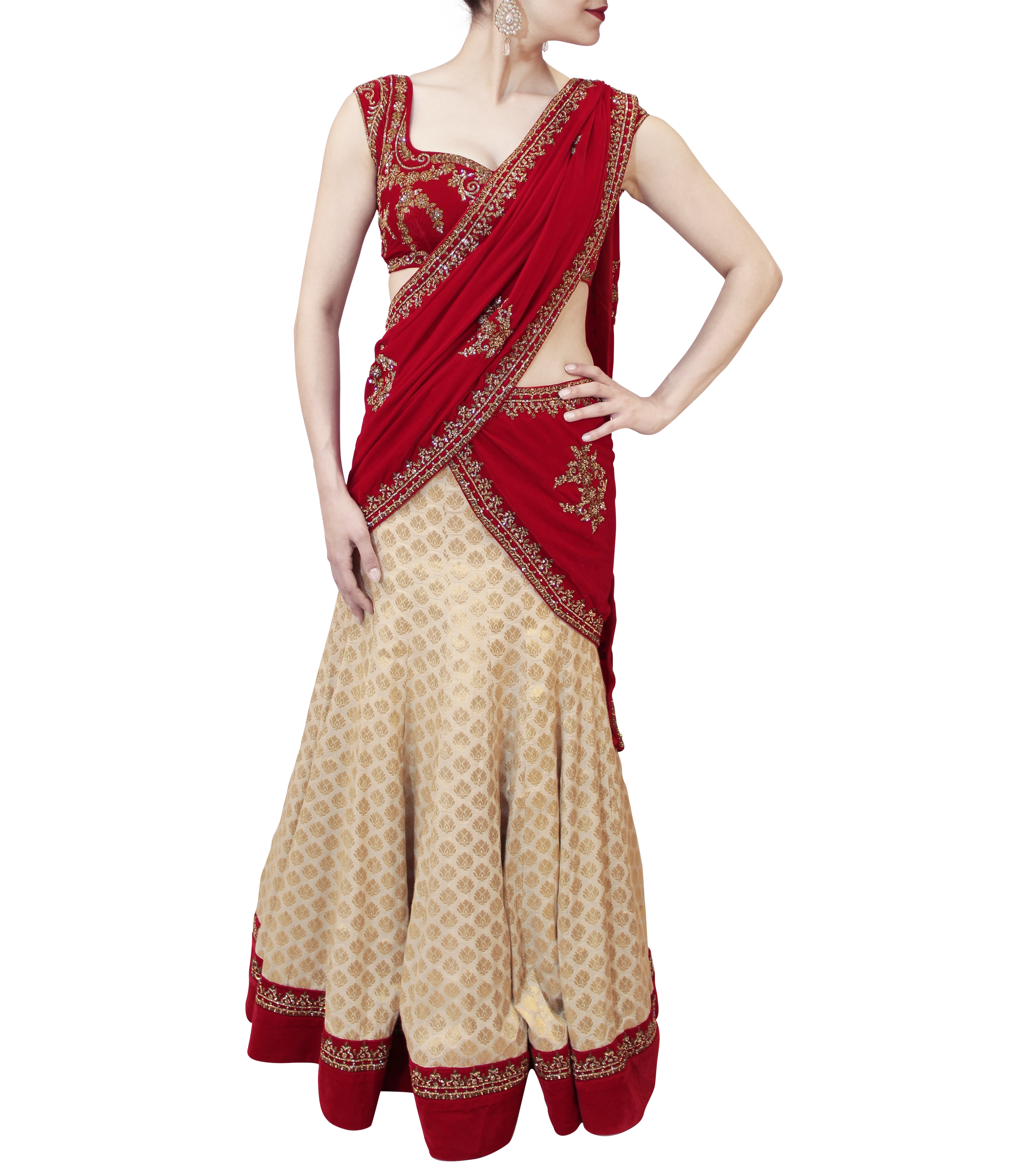 Luxurious Red And Cream Net Bridal Lehenga Saree -