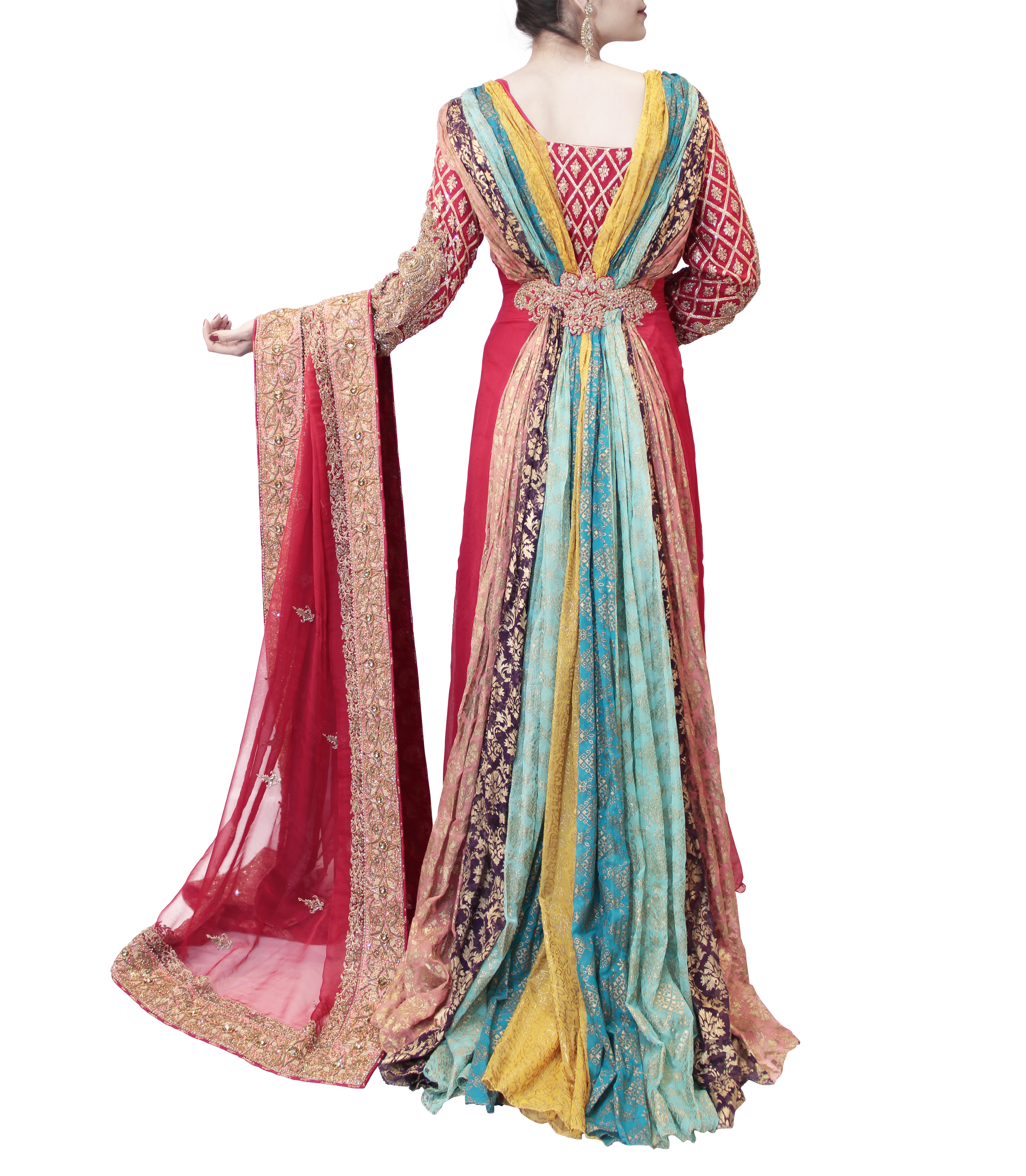 RED PAKISTANI BRIDAL GOWN WITH MULTICOLORED TRAIL Sahil Exclusive RED PAKISTANI BRIDAL GOWN WITH MULTICOLORED TRAIL Sahil Exclusive