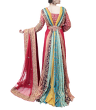 RED PAKISTANI BRIDAL GOWN WITH MULTICOLORED TRAIL