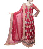 RED PAKISTANI BRIDAL GOWN WITH MULTICOLORED TRAIL