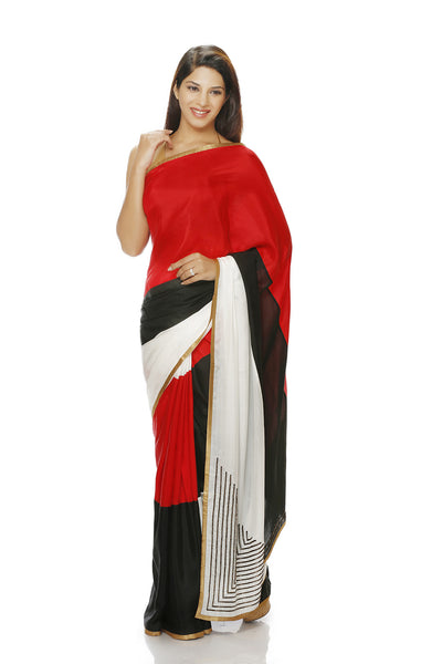 RED BLACK AND WHITE SILK SAREE WITH EMBROIDERY