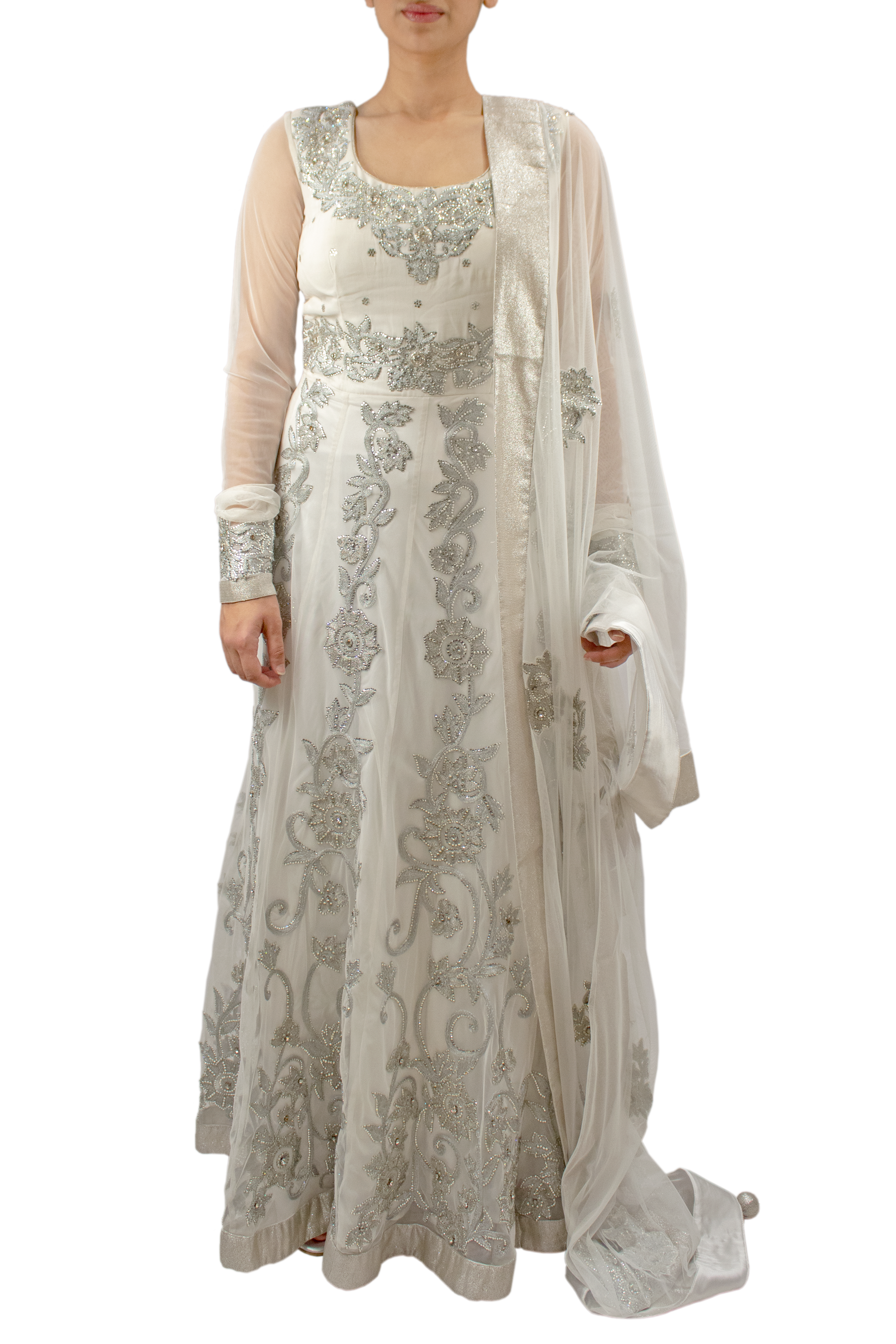 White Anarkali with silver embroidery - Main Image
