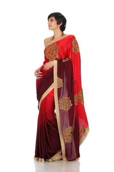 MAROON SHADED SAREE WITH LOGO PATCHWORK